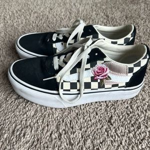 Vans Black/White Checkered Embroidered Roses Limited Edition Platform Shoes, 6.5